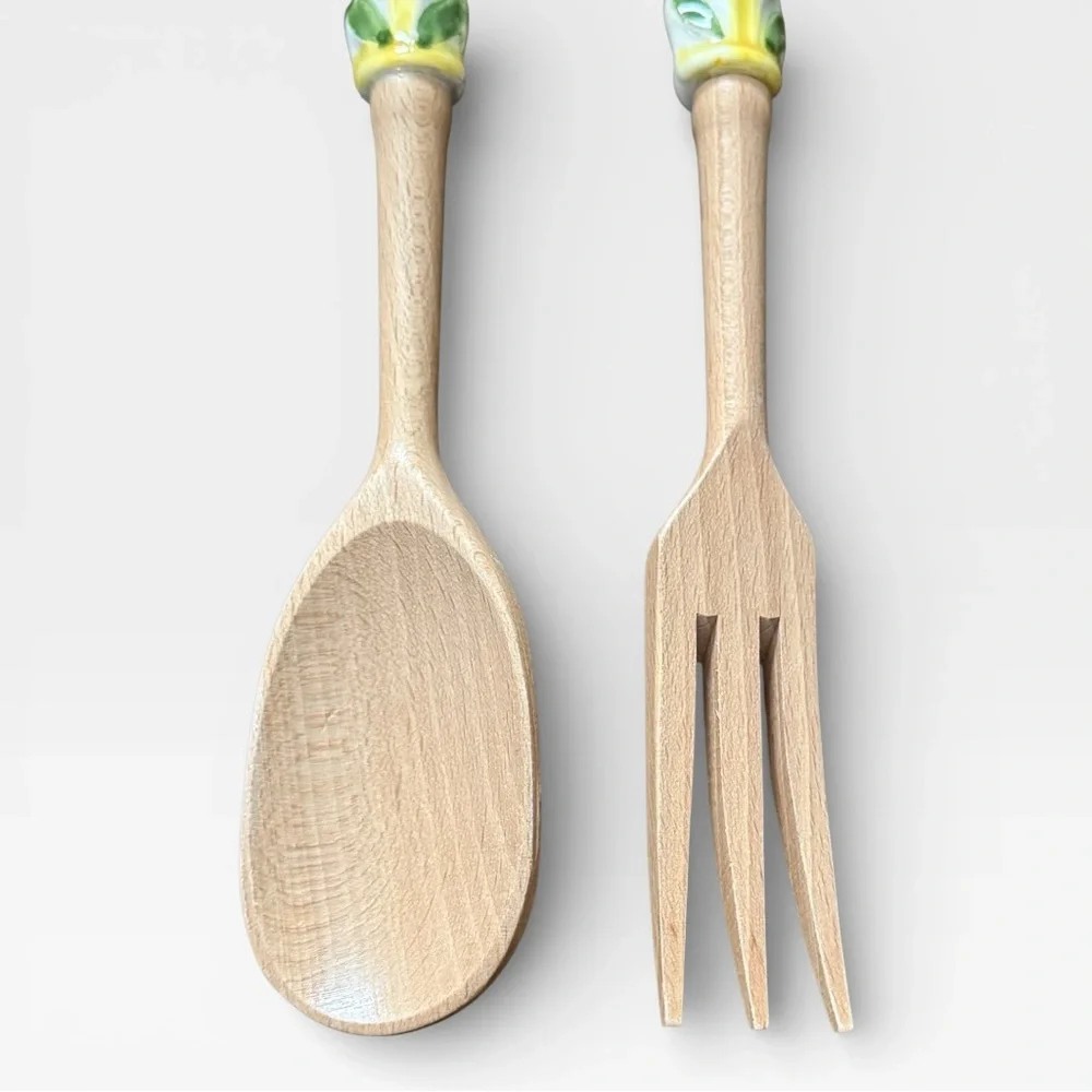 Orvieto Hand-Painted Red Chili Design Ceramic & Wood Salad Serving Fork & Spoon
